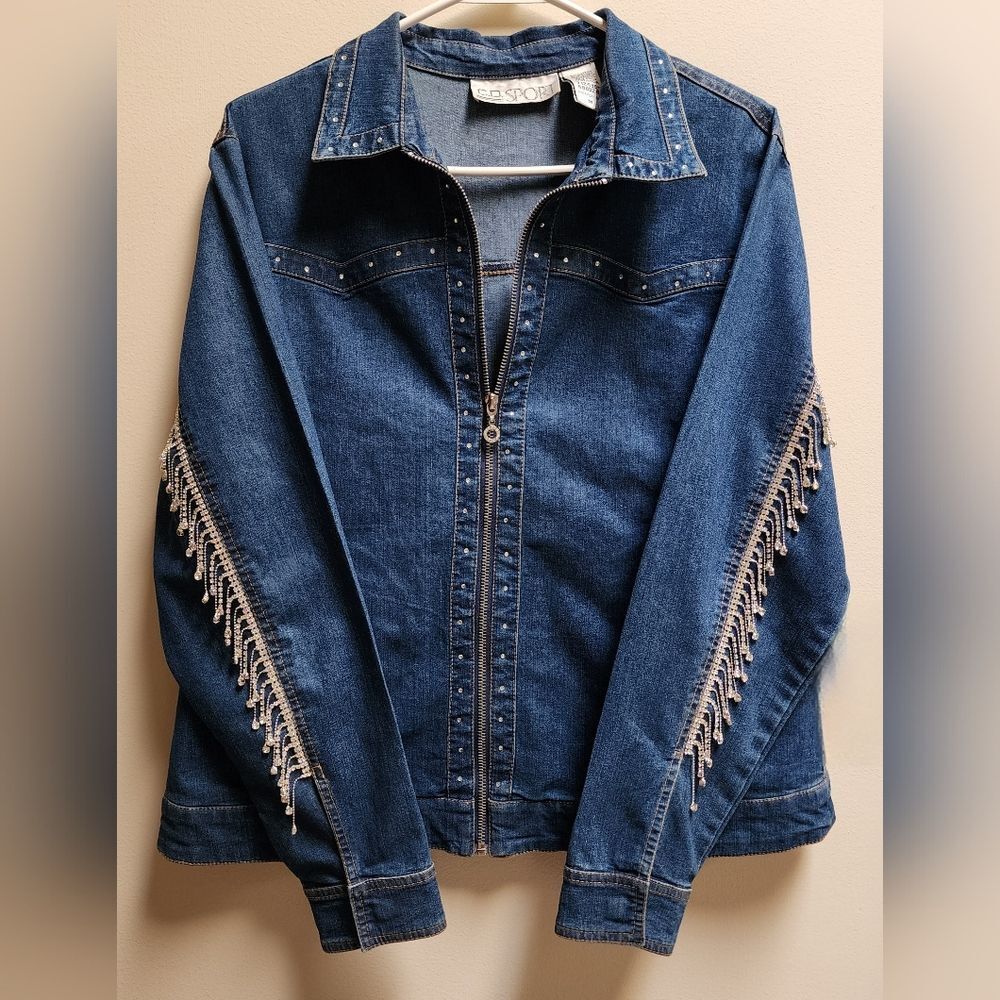Upcycled Custom Jean Jacket Trimmed in Rhinestone Fringe Size M